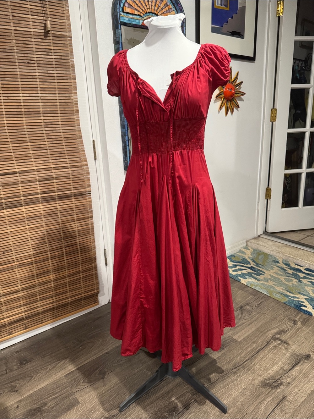Chelsea & Theodore Red Puff-Sleeve Shirred-Waist Midi Dress